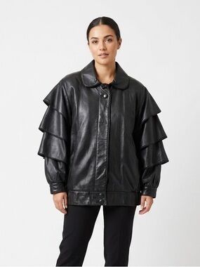 Vintage Black Leather Ruffle Sleeve Jacket Avant Garde Statement Coat Size 6